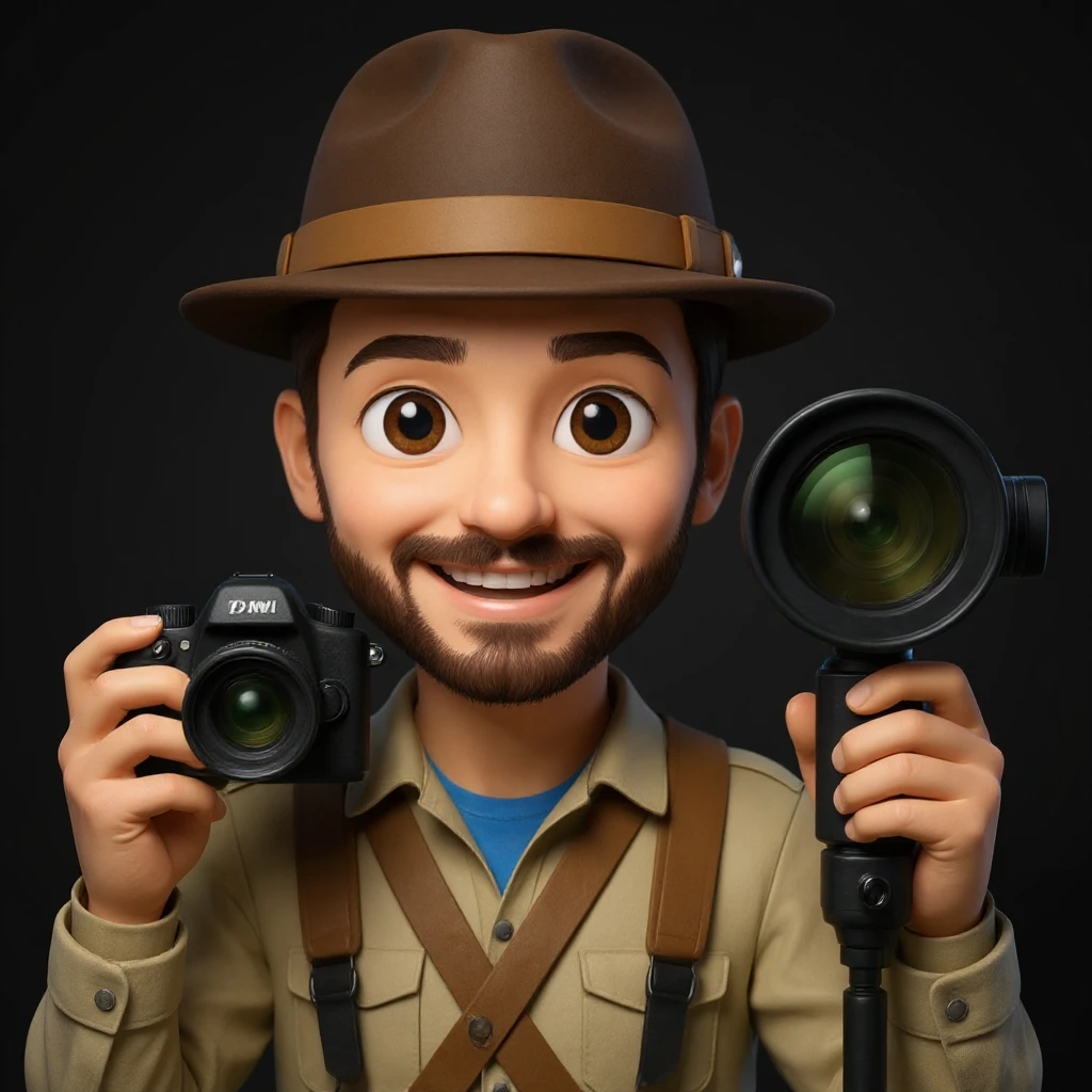 Make the photographer have dark hair and a medium size beard, keep the telezoom lens, and no background. emoji
