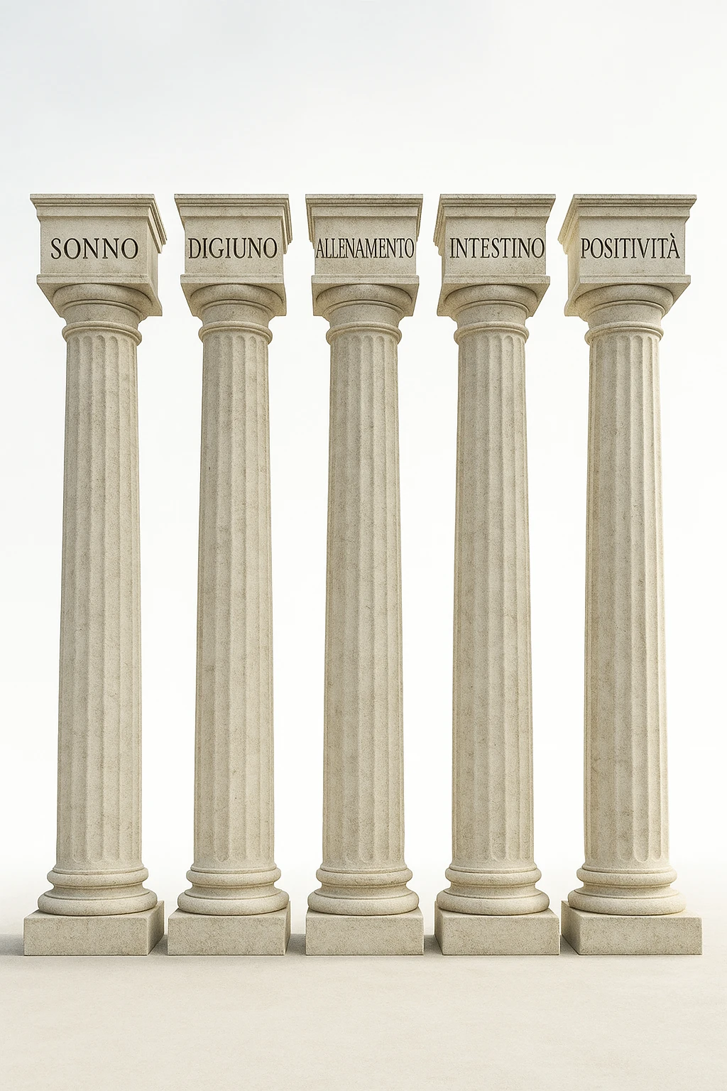 5 pilastri con le scritte "SONNO", "DIGIUNO", "ALLENAMENTO", "INTESTINO", "POSITIVITà" IMMAGINE IPERREALISTICA SFONDO CHIARO IN ITALIANO emoji