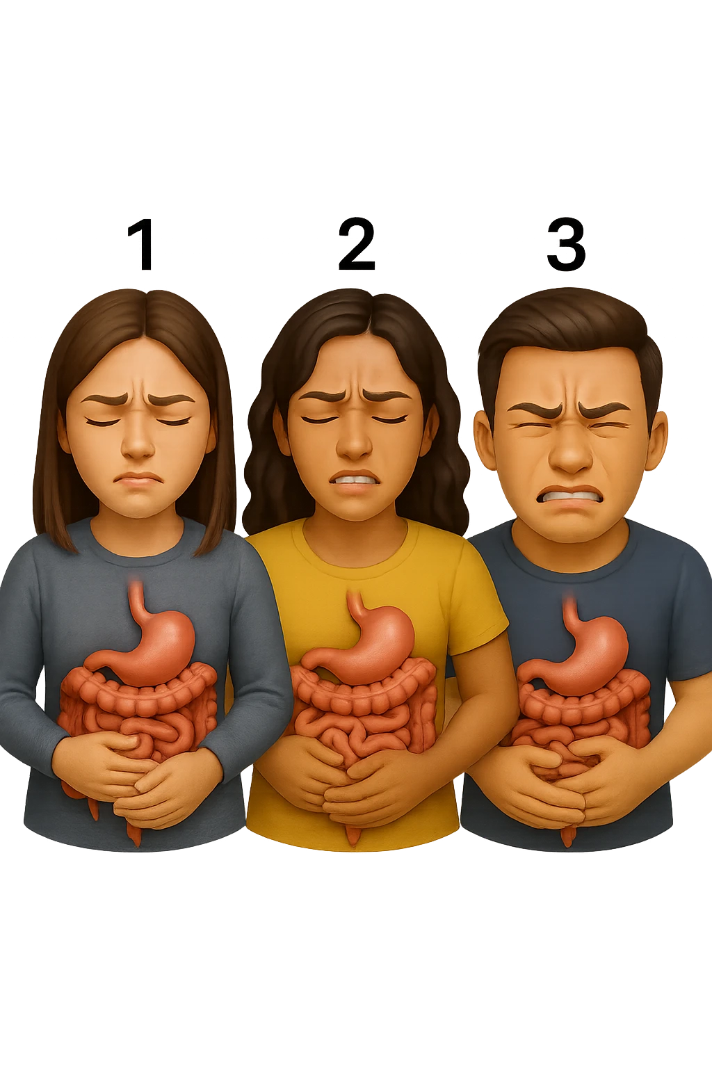 emoji stile iphone di 3 persone, due donne e un uomo, con intestino realistico e mal di pancia, sulle donne ci sono i numeri 1, 2 e sull'uomo il 3, iperrealistico 4k emoji