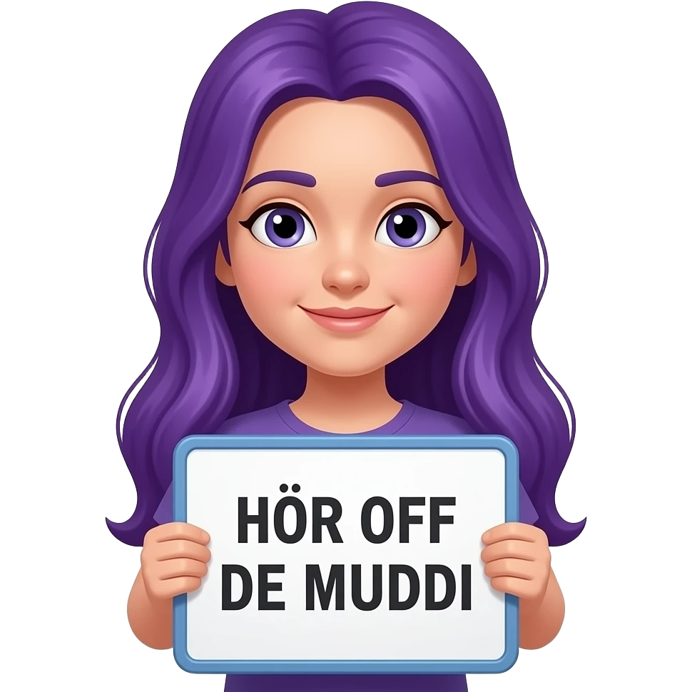 girl with long purple hair holding a HÖR OFF DE MUDDI sign emoji