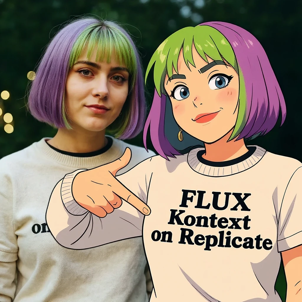make a image of a girl with a anime version of that girl beside her wearing tshirt with text of "FLUX Kontext" emoji