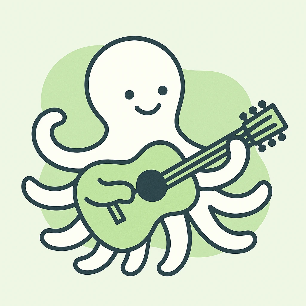 happy octopus with multiple arms playing guitar emoji