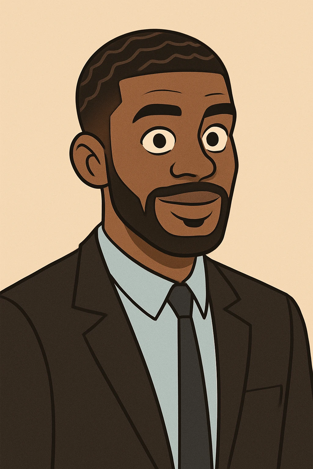 male Afro-American with stylish haircut and waves, wearing black suit and light blue shirt, clean modern illustration style emoji