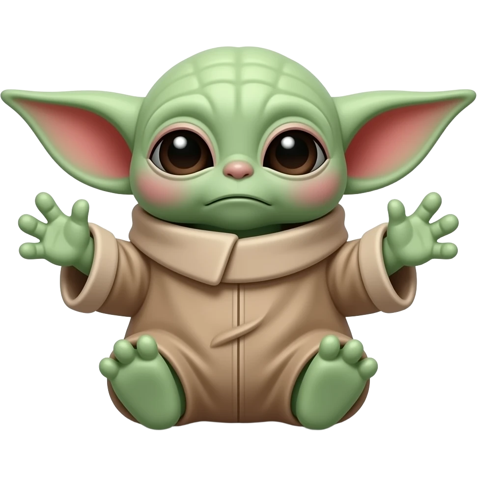 Baby Yoda looking sad, Hände ausgestreckt, weil er auf den Arm genommen werden möchte, unten Text „Uppies“ emoji