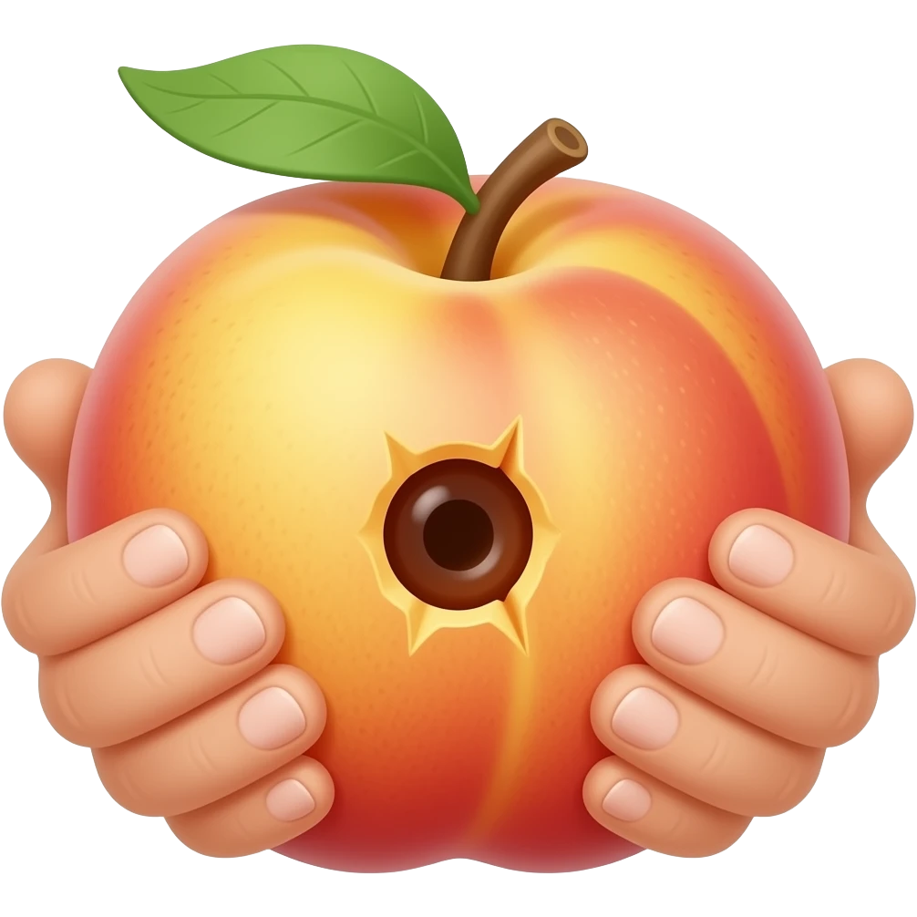 Erstelle ein Emoji von einem Pfirsich mit einem Loch in der Mitte an der außenschale, das Loch kleine Öffnung soll mitten zwischen den Spalt vom Pfirsich liegen. zwei Hände sollen den Pfirsich an den Seiten greifen und das Loch im Pfirsich etwas öffnen emoji