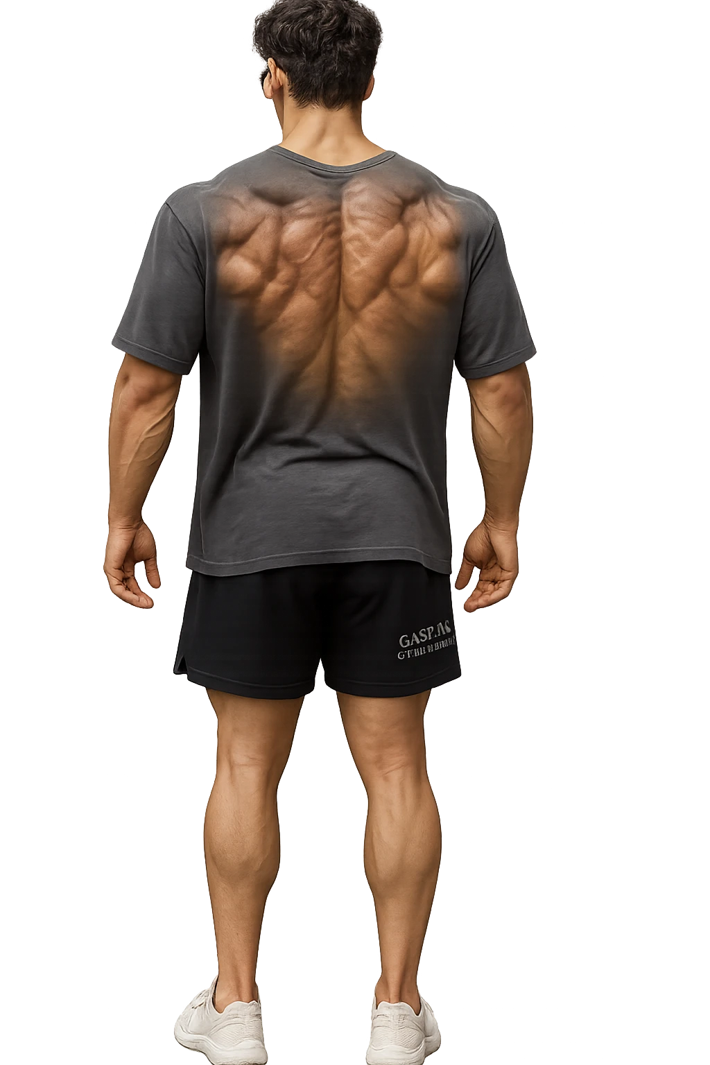lascia questo ragazzo identico ma fallo in piedi di spalle con fasci muscolari della schiena contratti, senza macchinari, solo la sua figura, iperealistico 4k emoji