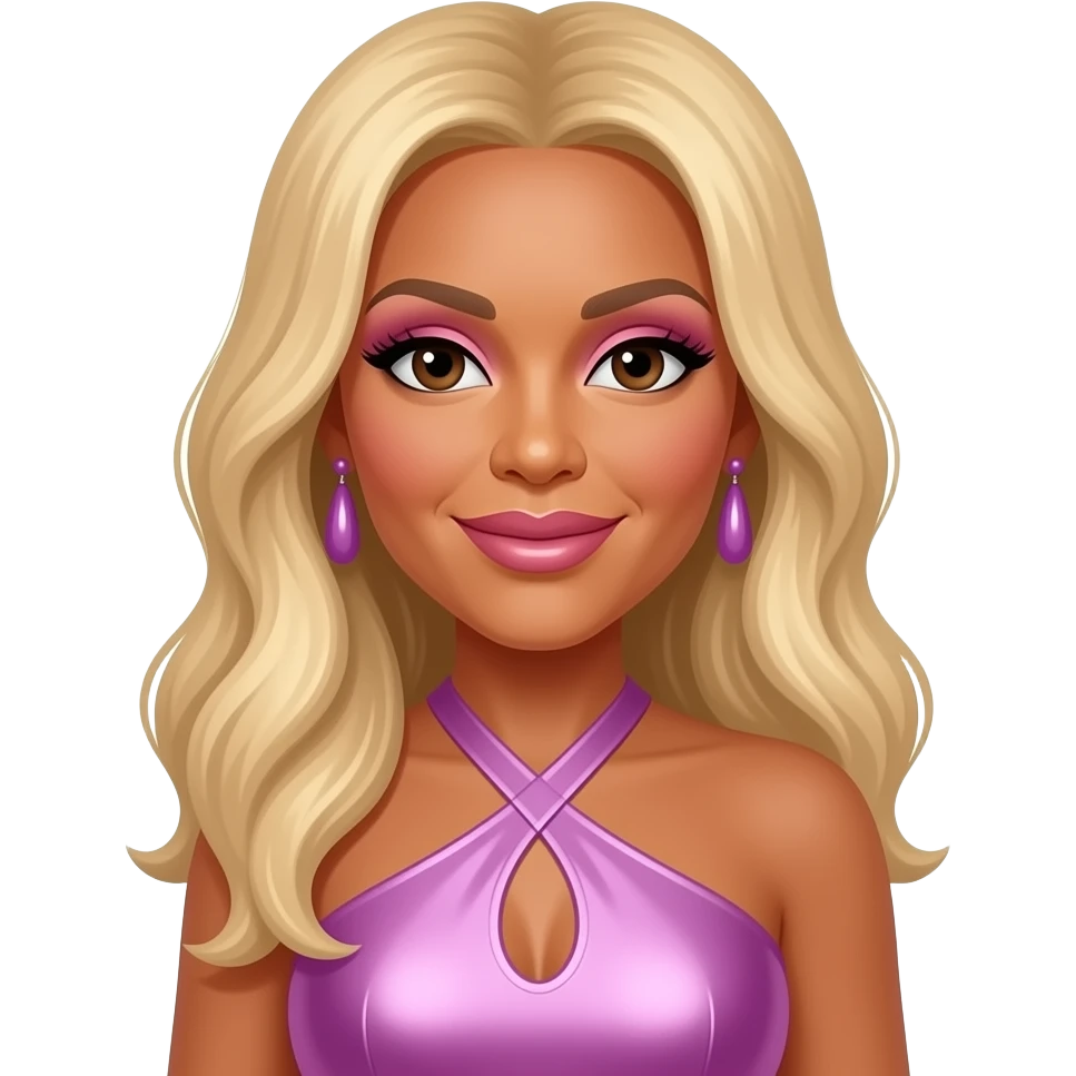Wendy Williams with dark brown eyes, long blonde hair, pink eyeshadow and lipstick, lavender pink metallic halter dress, lilac earrings emoji