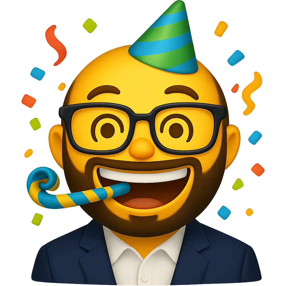 Create a funny celebration emoji version of the person in the photo. Exaggerate the smile and glasses, add party elements like confetti and a party hat. Keep the background transparent. Use a style suitable for an emoji with a transparent background. emoji