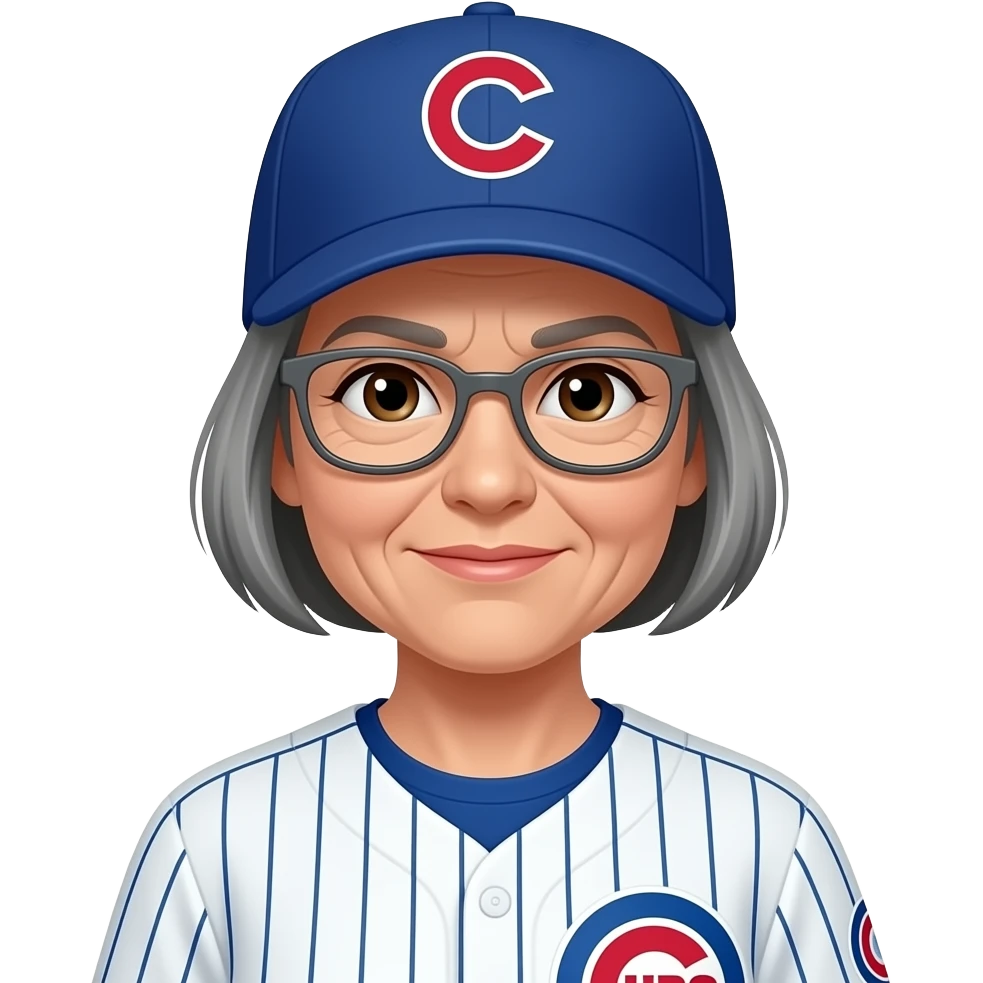 Female, brown eyes, medium gray short hair, gray glasses, wrinkles by outer eyes and mouth, cubs cap and uniform emoji