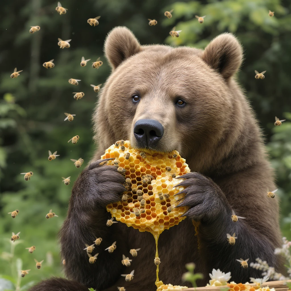 bear eating honeycomb with bees flying around emoji