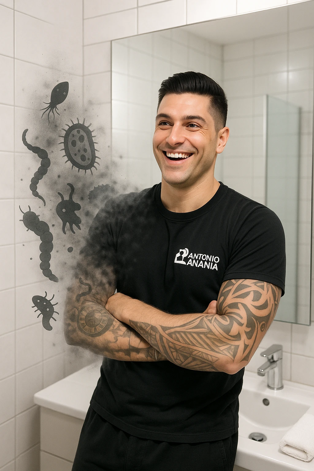 a man stands in a brightly lit bathroom, looking relieved and revitalized as he examines his reflection in the mirror. In the foreground, stylized, shadowy images of parasites (such as worms or protozoa) are shown leaving his body, dissolving into mist or fading away. His posture is upright and his expression is one of newfound energy and health. emoji