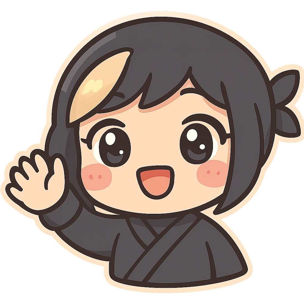 Kawaii chibi ninja girl with black short hair and a blonde streak, only head and arms, super cute, big sparkling eyes, rounder face, smaller mouth, extra soft colors, colorful chibi style, bold outlines, no mask, hand fully raised, waving, smiling, sized for Twitch emoji use. emoji