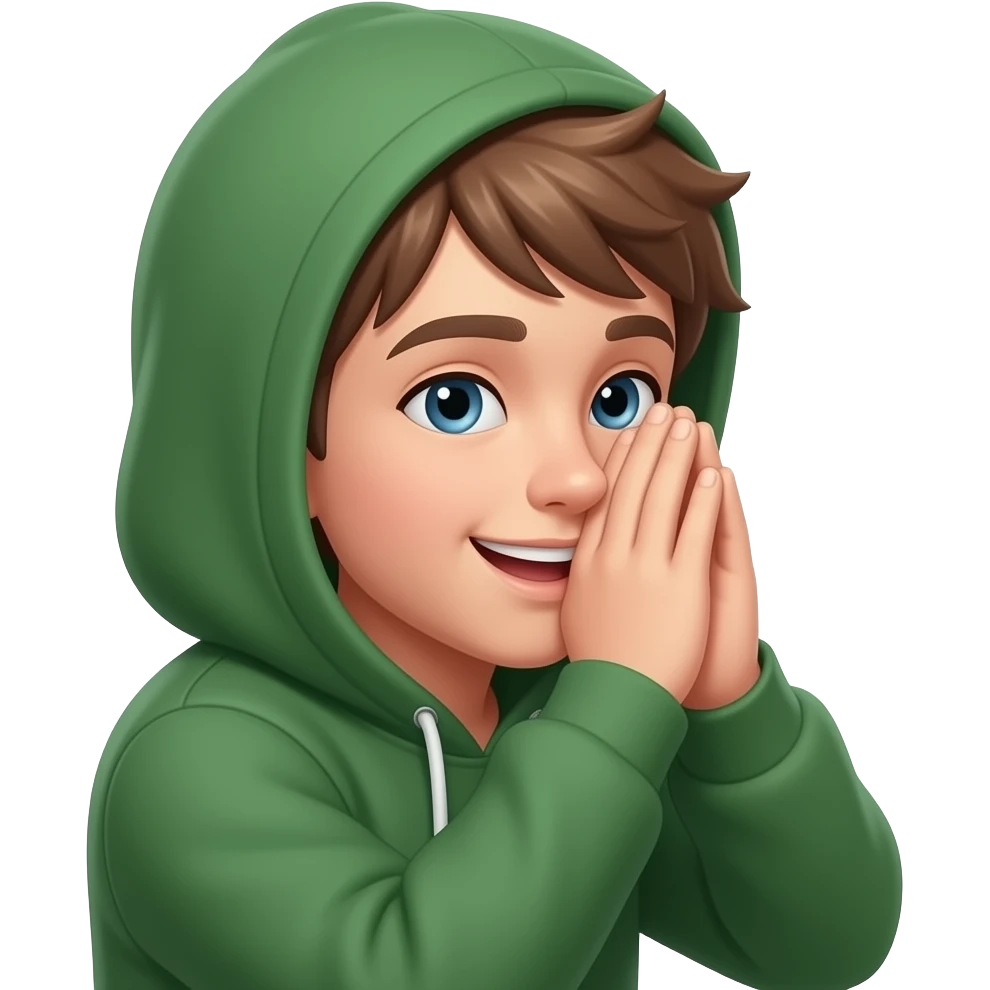 A boy with a green hoodie. Make the boy face to the right and to cover his head, eyes, and nose and the boys mouth shows emoji