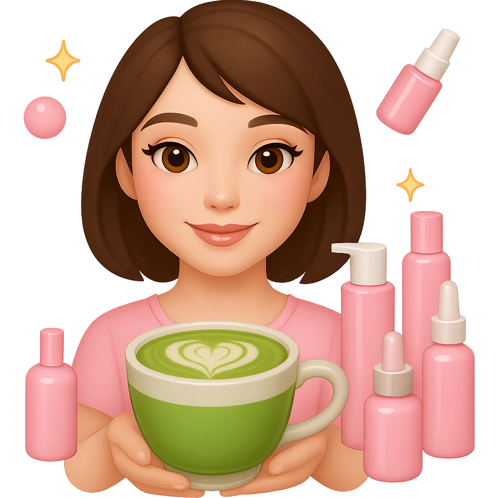 Create an Apple emoji style profile picture of a girl with short dark brown hair and brown eyes, pink soft girl aesthetic, holding a matcha latte, surrounded by pink skincare and makeup, sparkles, with a different makeup look such as glossy lips and blush. The style should mimic Apple emojis with a soft and polished look. emoji