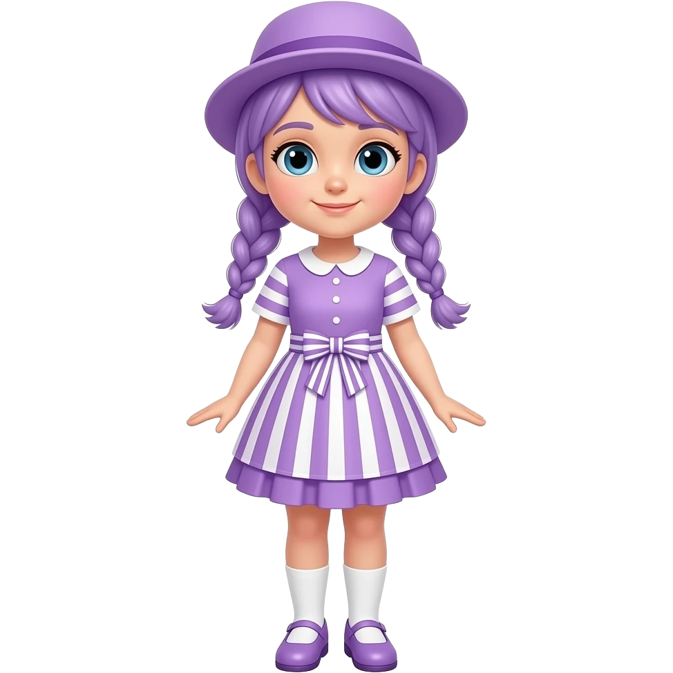 girl with pale purple hair tied in two braids, and blue eyes. wearing a pale purple dress with pale purple and white striped short sleeves, a pale purple and white striped skirt with a pale purple frill, a pale purple and white striped waistbow, a pale purple hat, white socks and pale purple shoes. emoji