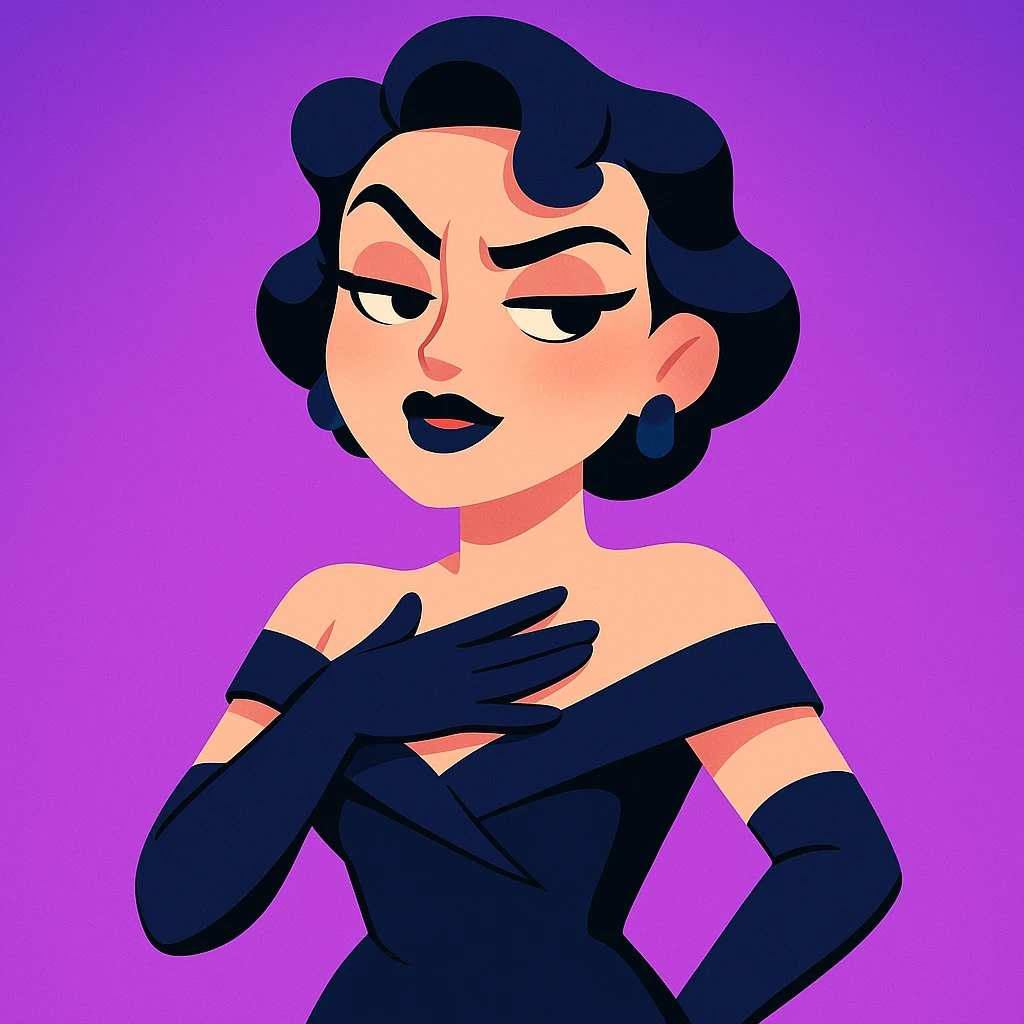 cute animated 3D cartoon character of a glamorous woman with short black hair in elegant curls, wearing a dark navy blue off-shoulder gown and long black gloves, confident slightly smug facial expression with bold dark makeup including black lipstick and sharp eyebrows, hand placed on chest as if in disbelief or sass, bright purple gradient background, mobile game character art style emoji