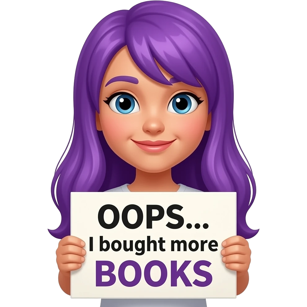 girl with long purple hair with a OOPS... I bought more BOOKS sign emoji