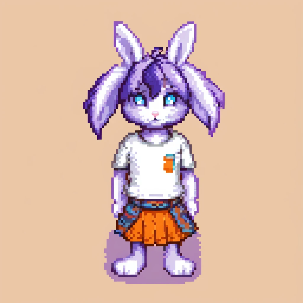 furry anthro male bunny with purple hair, blue eyes, purple and white fur, wearing a t-shirt and skirt, pixel art style emoji