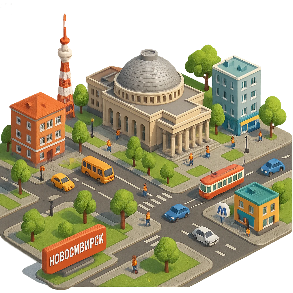 Изометричная миниатюрная фотореалистичная 3D модель Новосибирска, четкая детализация, яркие цвета, мультяшный реализм, люди, автотранспорт, компактная композиция, вид сверху в изометрии, прозрачный фон emoji