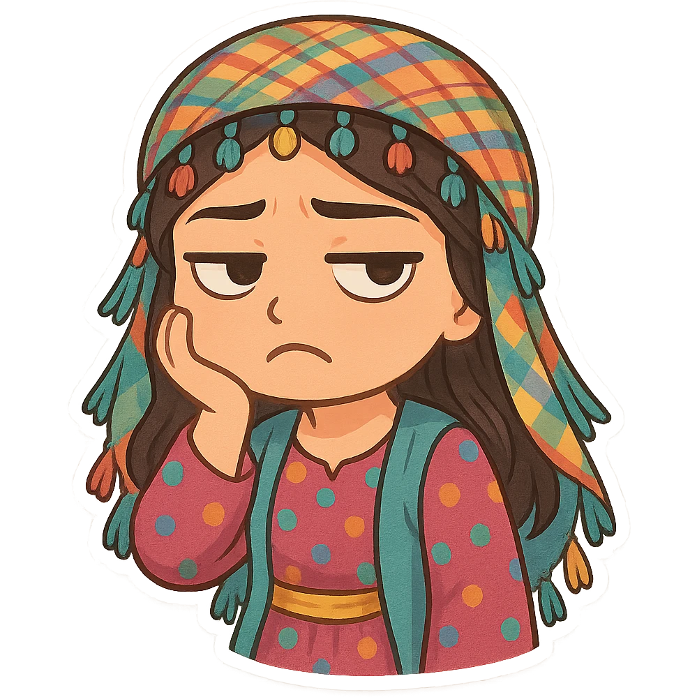 Cartoon sticker of a Kurdish woman wearing traditional Kurdish female clothing, colorful and cheerful style. The face should have a bored and frowning expression similar to the 😒 emoji. No text, suitable for WhatsApp and Instagram, with a transparent background. emoji