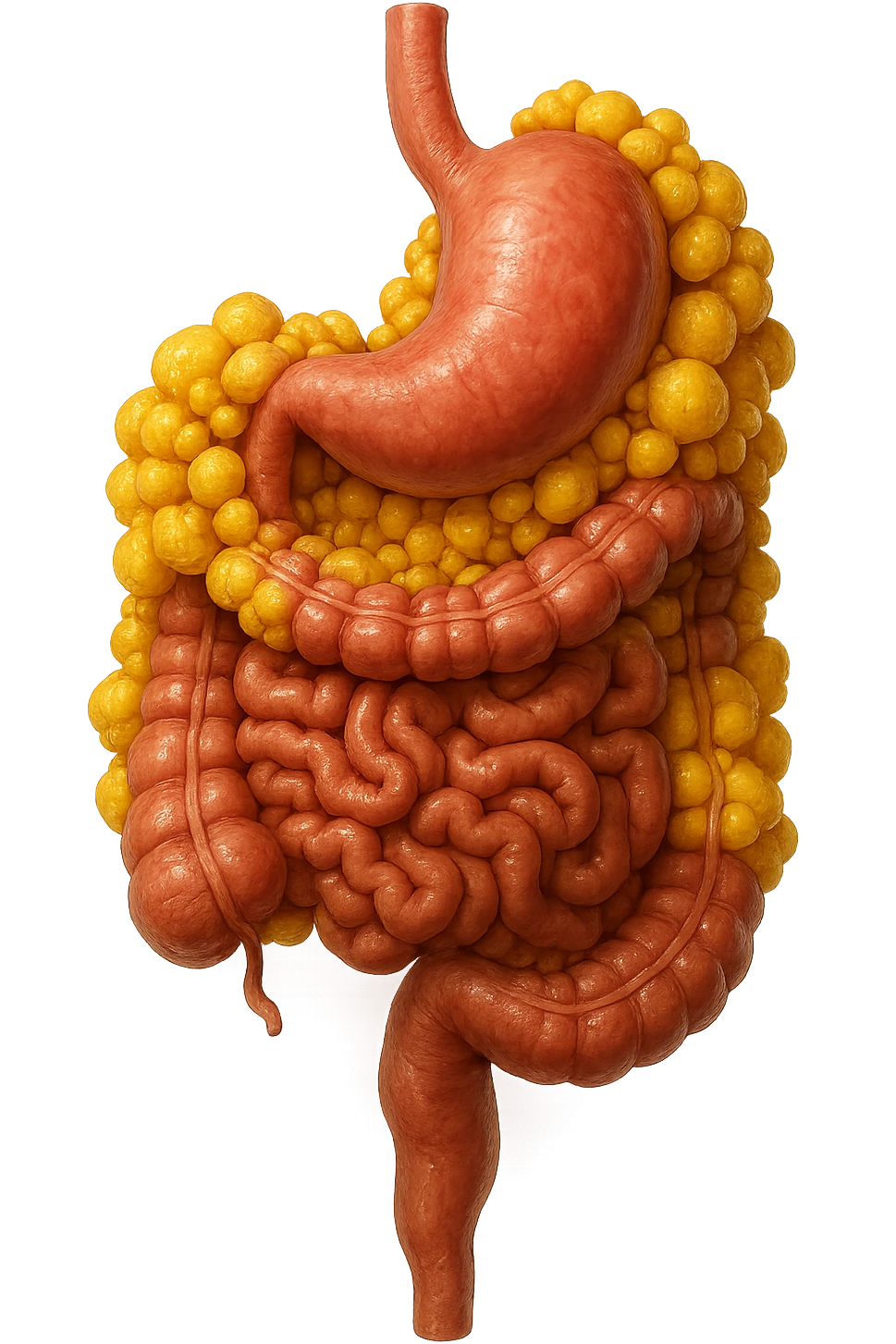 STOMACO E INTESTINO SONO VERTICALMENTE COLLEGATI E INTORNO A QUESTI ORGANI CI SONO CELLULE DI GRASSO GIALLE ATTACCATE SOPRA A GRAPPOLI, IPERREALISTICO 4K emoji