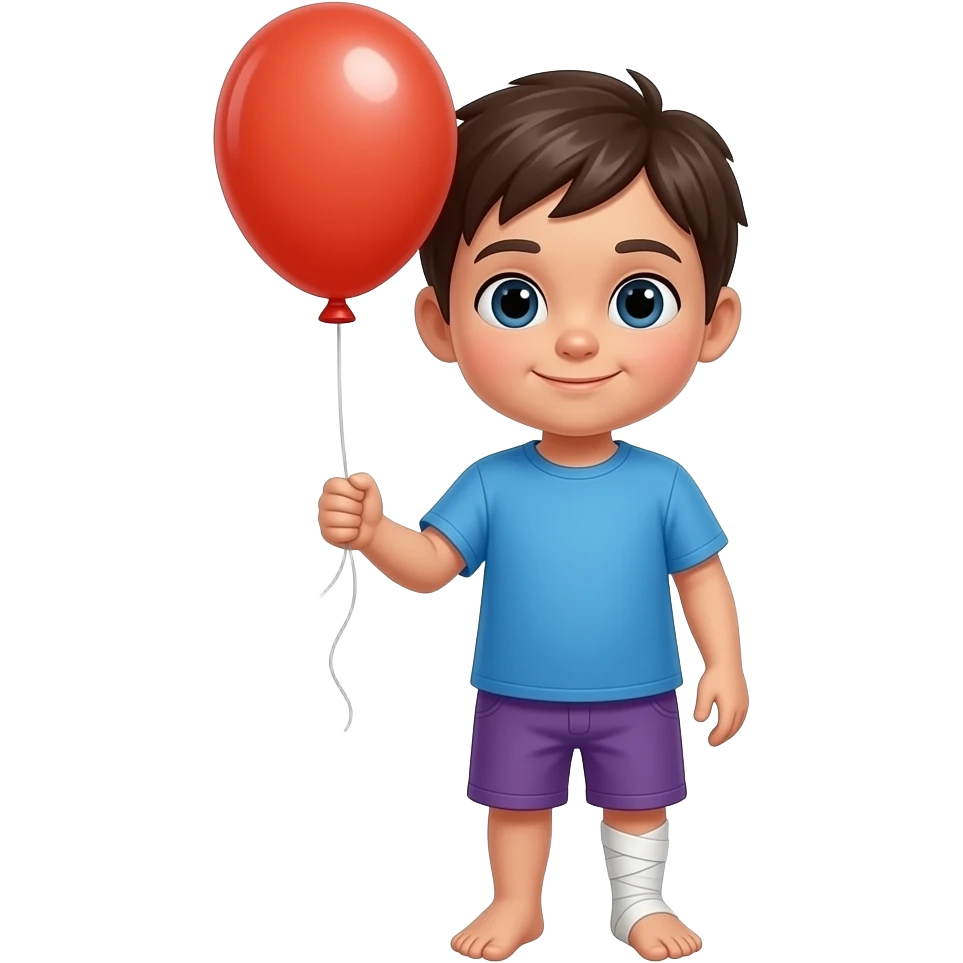 A kid With BLUE shirt and purple pants and bandge on leg with ballon With face emoji