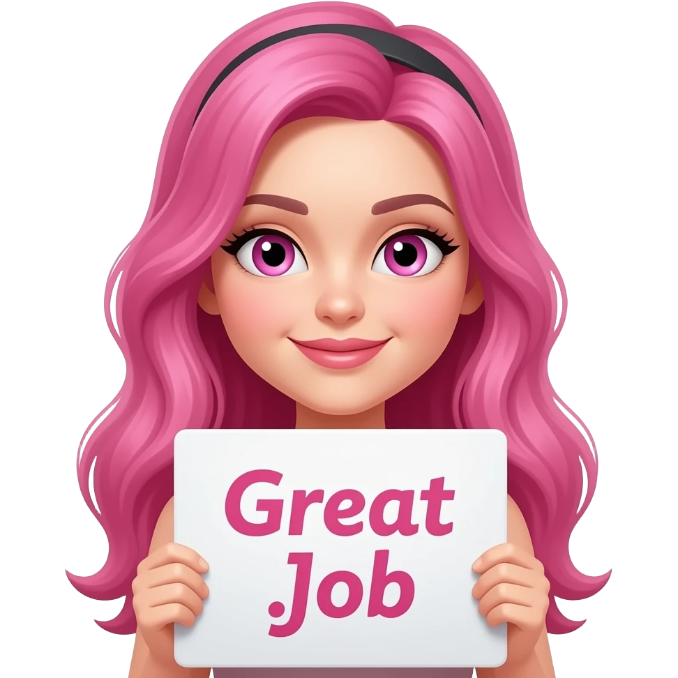 sexy girl with long pink hair and pink eyes wearing a holding a GREAT JOB sign emoji