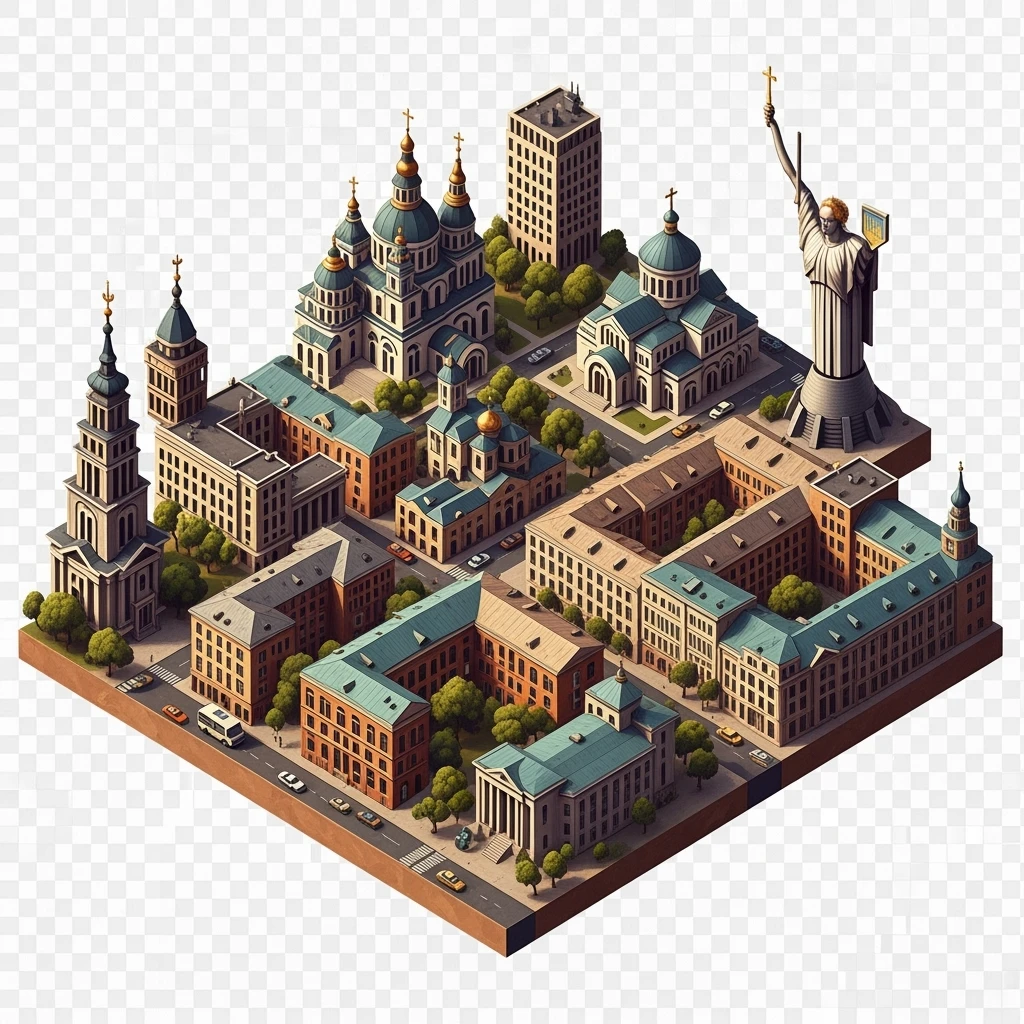 Isometric illustration of photorealistic Kyiv, balanced between paint stylized and realistic, 3D miniature effect, transparent background. emoji