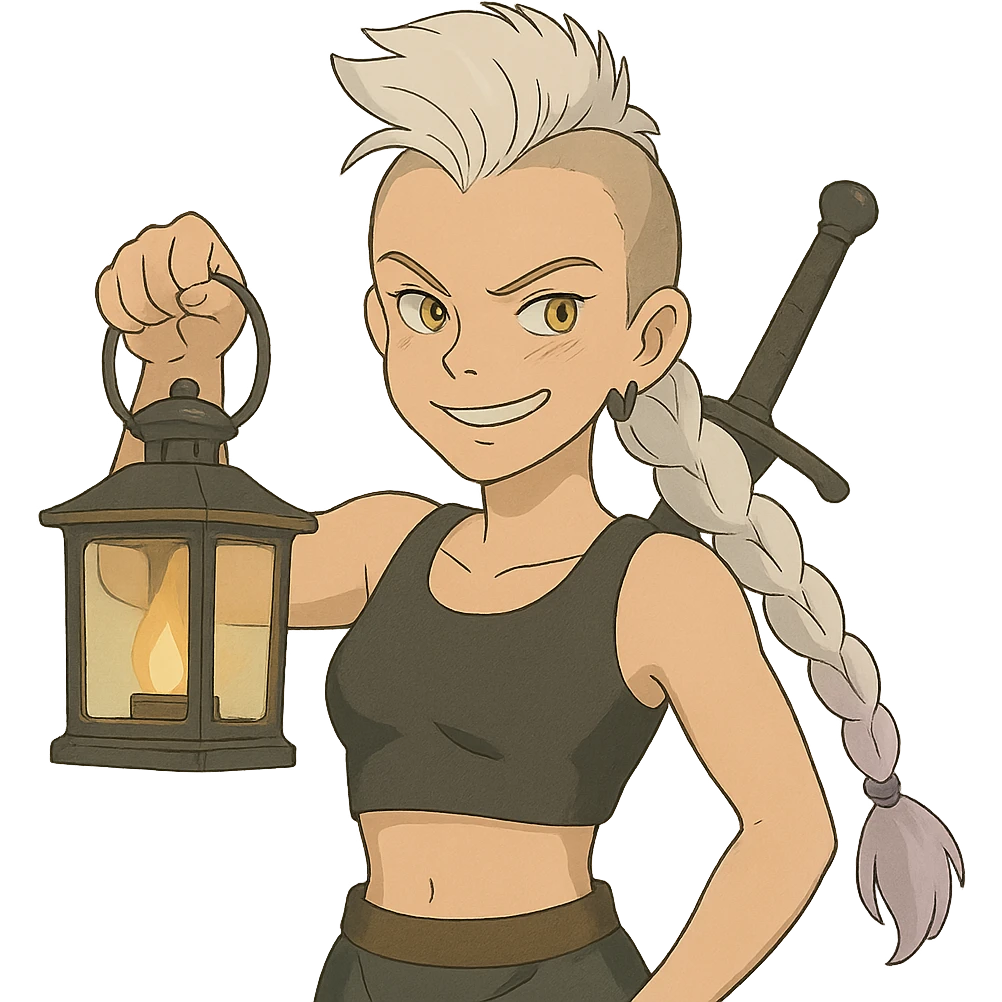 A sword maiden, mohawk, long braid white hair with lavender tips, gold yellow eyes, black crop top, brandishing a lantern. Mischievous smirk emoji