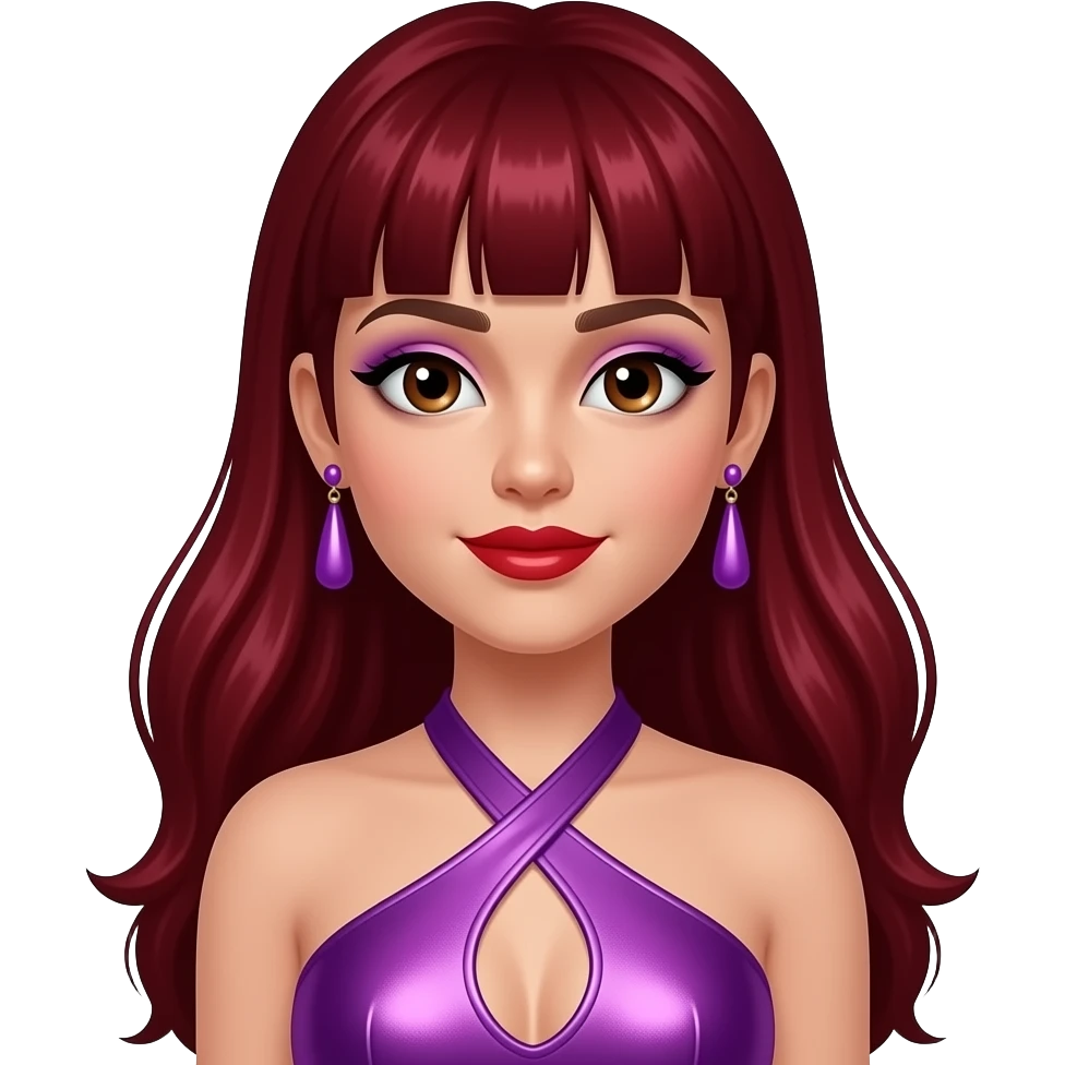 Nomz from The Next Kidz with white skin, hazel eyes, long dark red hair with bang, lilac eyeshadow, red lipstick, purple metallic halter dress, lilac earrings emoji