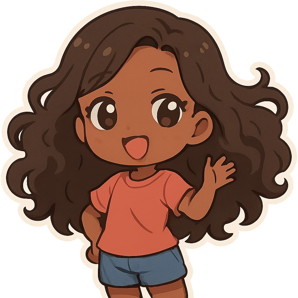 chibi anime style, Black girl with long curly hair, hair waving, cute expression, simple background emoji