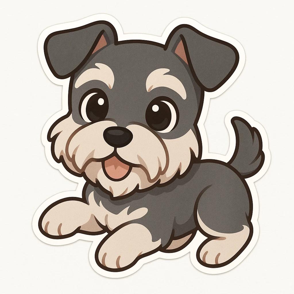 chibi sticker of a mini schnauzer, cute, big eyes, playful pose, white background emoji