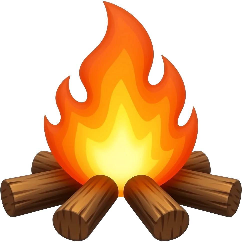 A campfire with wooden legs and with glowing orange eyes facing forward emoji