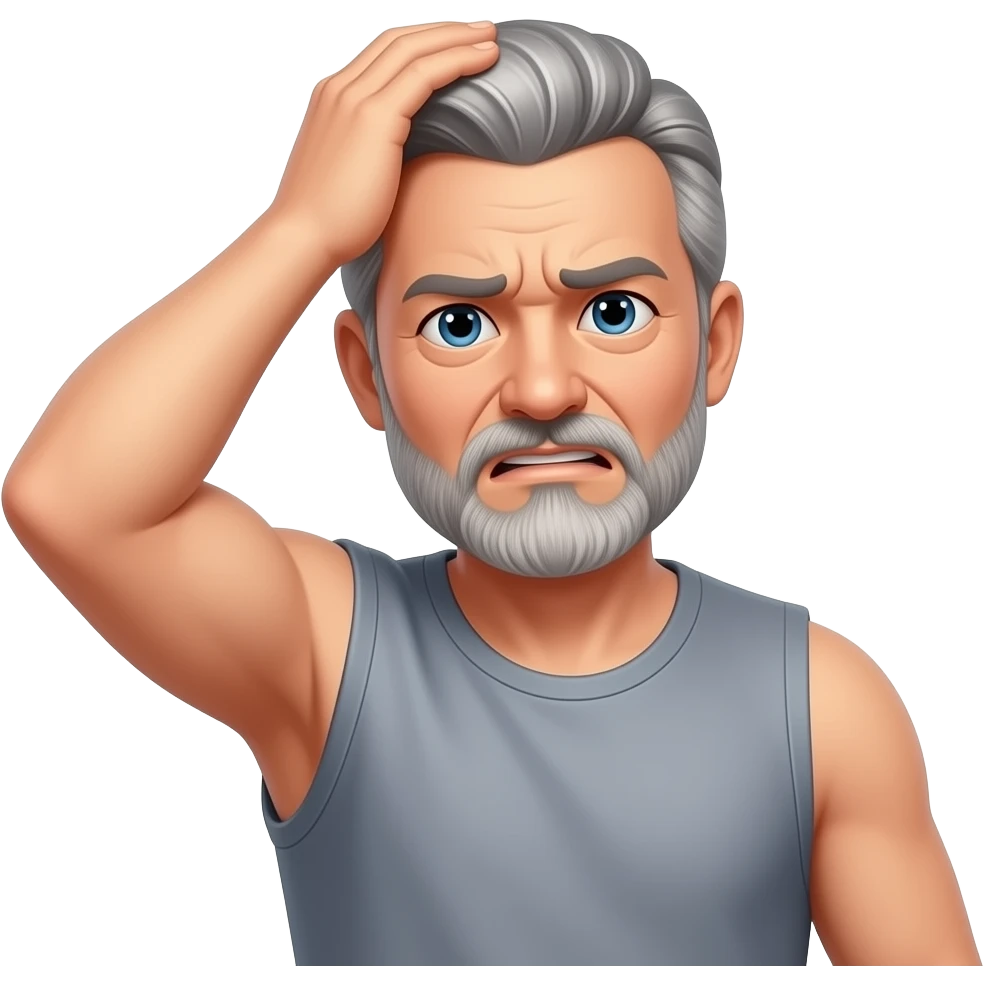 60 year man with goatee with hand on head frustrated sleeve less grey hair tee shirt emoji