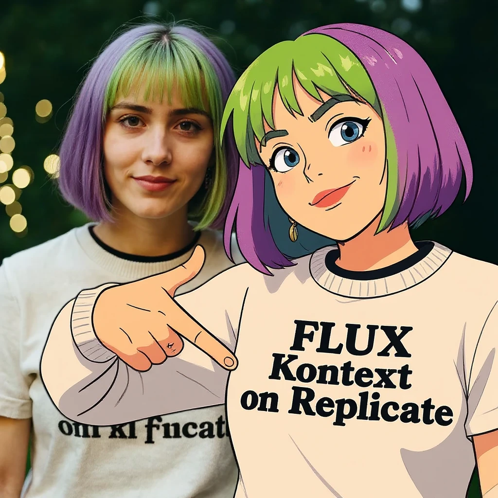 make a image of a girl with a anime version of that girl beside her wearing tshirt with text of "FLUX Kontext", avoid replicate emoji