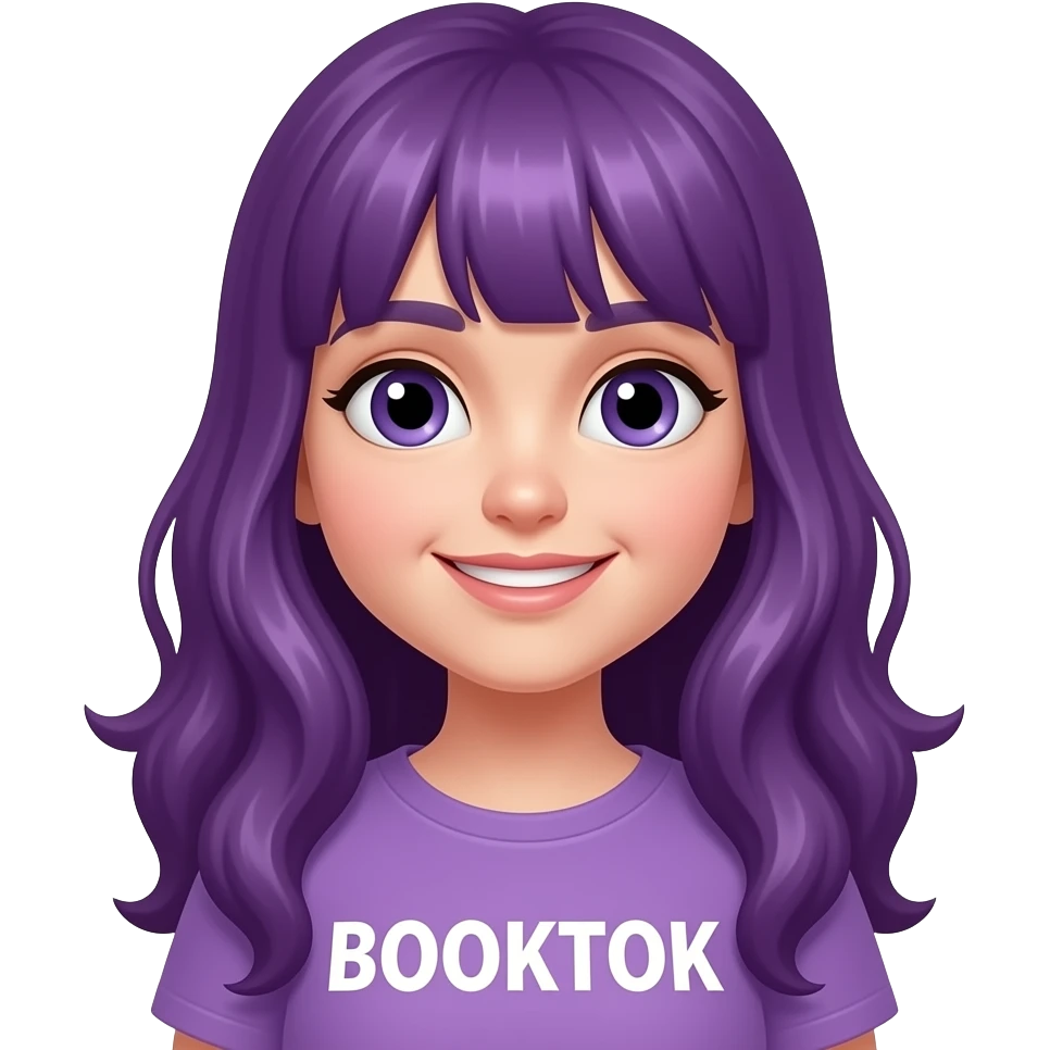 girl with long purple hair with a BOOKTOK sign emoji