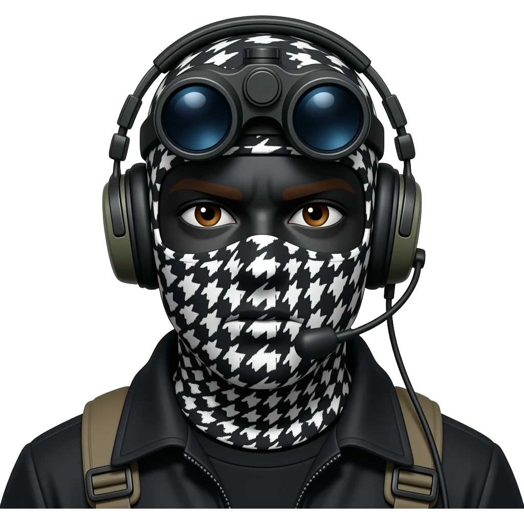 man with brown eyes wearing black clothes, face total painted black and a black and white patterned balaclava and wears a headset and a big black night vision device on his headtop emoji