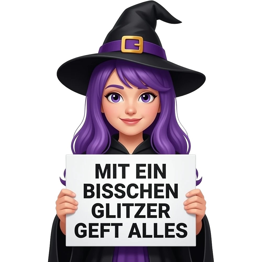 girl with long purple hair wearing a halloween costume holding a MIT EIN BISSCHEN GLITZER GEHT ALLES sign emoji