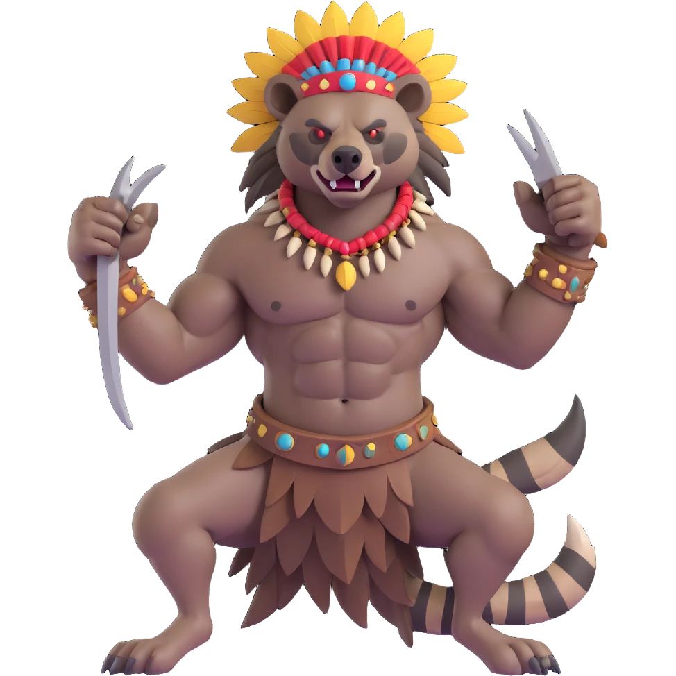 A native strong buff hyena with war bonnet flexing posing full body holding a chopped off human head by the hair  emoji