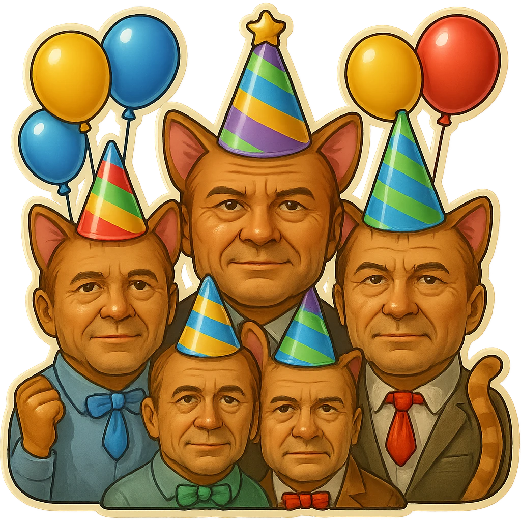 Make the six cats look more like men in their forties, with subtle masculine facial features, mature expressions, and hints of age, while keeping the festive birthday party emoji style. Preserve the transparent background. emoji