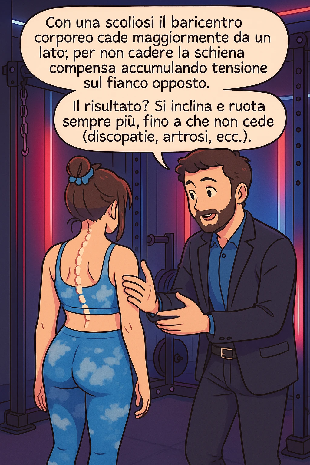 fai questa immagine in versione manga/webtoon a colori con stile di disegno carino e moderno, il manga mostra la donna di spalle, mentre l'uomo le tocca la spina dorsale per spiegarle come funziona la scoliosi:
Con una scoliosi il baricentro corporeo cade maggiormente da un lato; per non cadere la schiena compensa accumulando tensione sul fianco opposto.
Il risultato? Si inclina e ruota sempre più, fino a che non cede (discopatie, artrosi, ecc) emoji