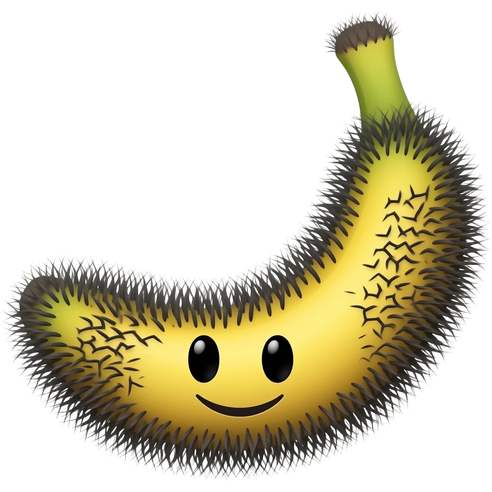 The emoji depicts a smiling, very hairy banana, the banana being thickly and abundantly covered in black animal hair. emoji