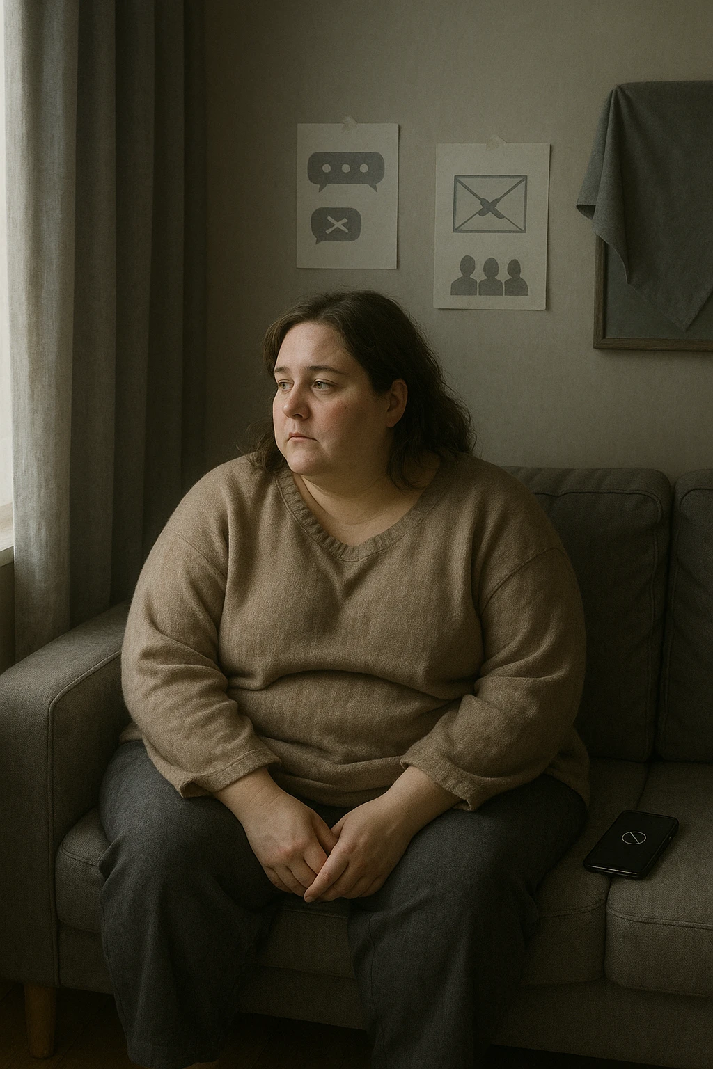 Donna tra i 30 e i 40 anni seduta sola su un divano, con espressione malinconica e corpo visibilmente appesantito. Indossa abiti larghi, avvolgenti, e guarda fuori dalla finestra mentre il telefono è spento o con notifiche ignorate accanto a lei. Sullo sfondo, si notano segnali di vita sociale assente: messaggi non letti, inviti ignorati, foto di gruppo a cui non partecipa. L’atmosfera è silenziosa, con luce grigia e ambiente spento. Intorno a lei, simboli di ritiro e insicurezza: tende chiuse, specchio coperto, postura chiusa. Stile realistico, tono delicato ed emotivo emoji