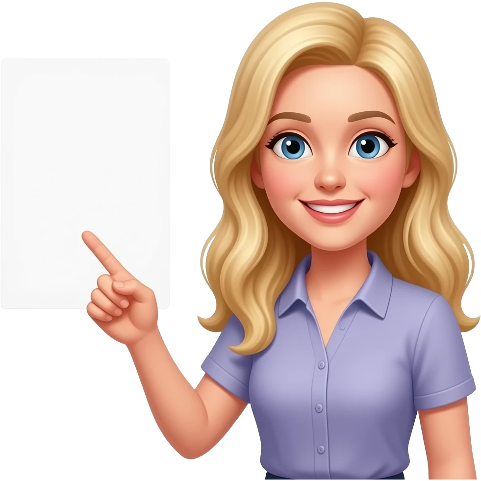 strawberry blonde fair skinned long hair woman smiling with pointing to board emoji