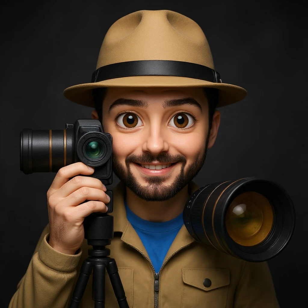 Make the photographer have dark hair and a medium size beard, keep the telezoom lens, and no background. emoji