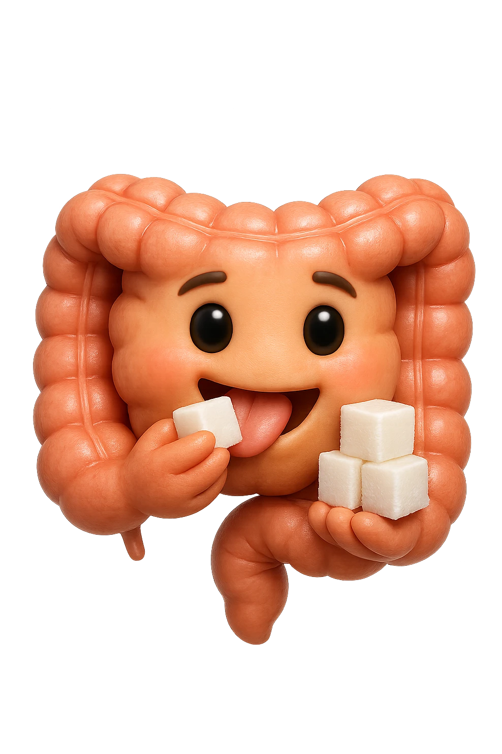 emoji stile iphone di un intestino anatomico che mangia zollette di zucchero, iperrealistico 4k, isolato su sfondo bianco emoji