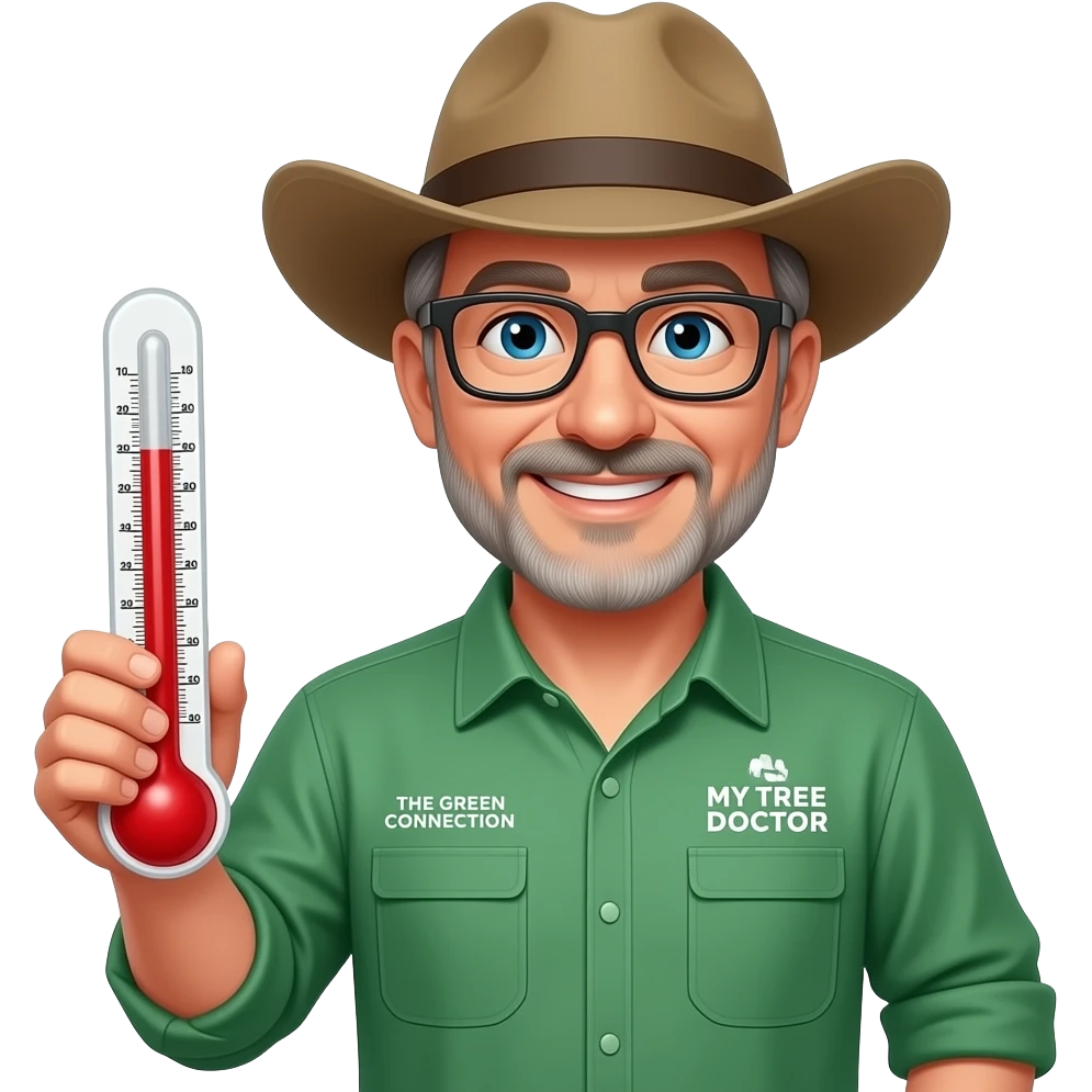 Smiling middle-aged man blue eyes. Dark rectangle glasses, in green-collared, long-sleeve shirt.  Flatter wider-brim Australian Akubru hat. Holding a large thermometre. Insert 'THE GREEN CONNECTION' in white directly onto the left pocket & onto the right pocket, place only the words 'MY TREE DOCTOR' emoji
