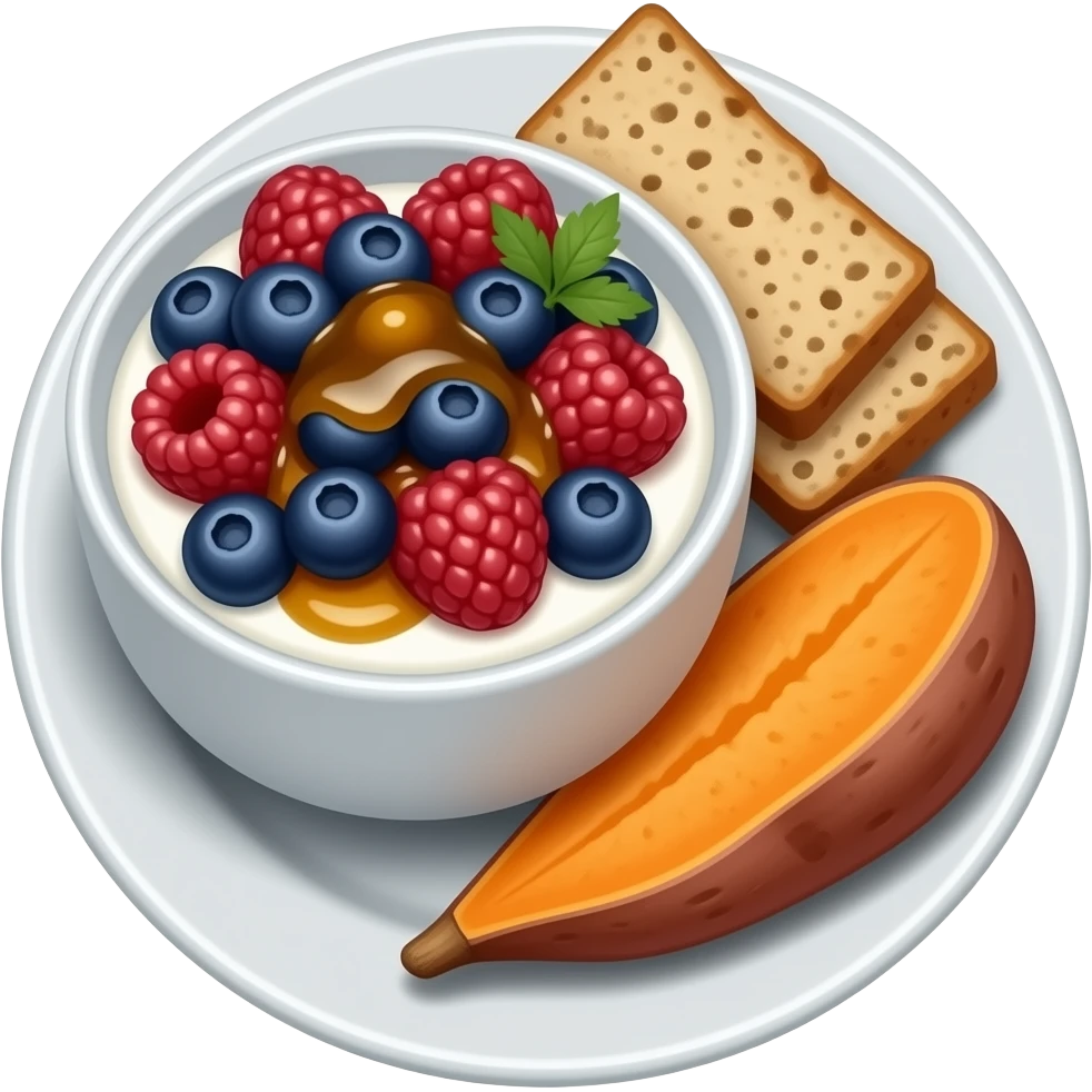 Realistic Plate with greek yogurt bowl topped with blueberries raspberries and maple syrup and sourdough slice topped with olive oil and a sweet potato on the side HD emoji