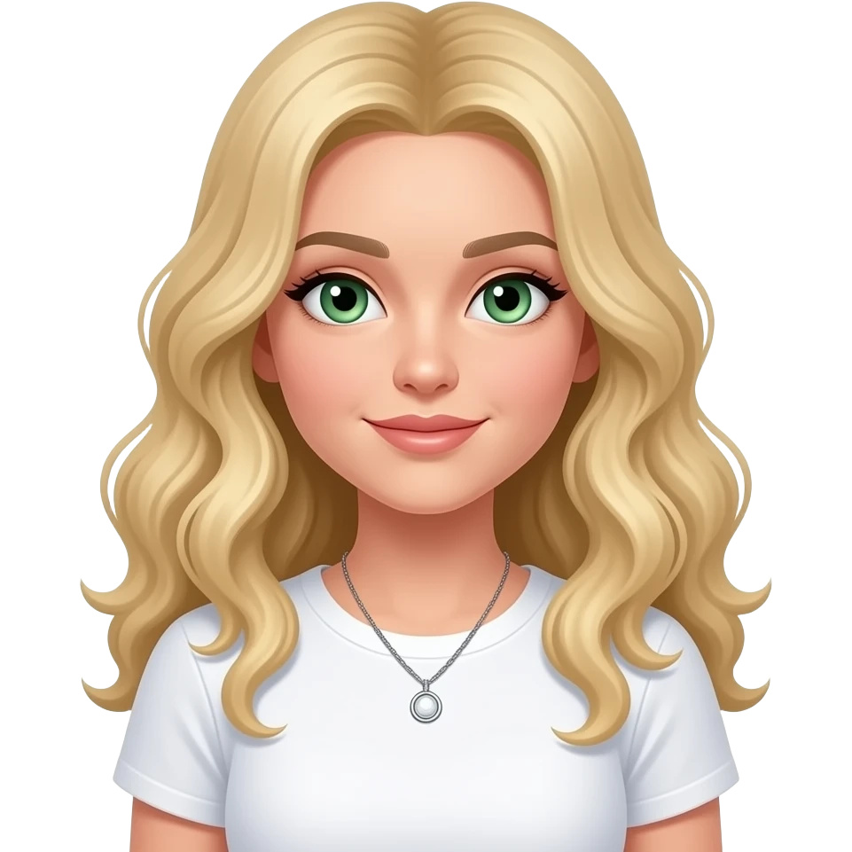 long blonde little curl hair green eyes wearing white T-shirt, necklace emoji