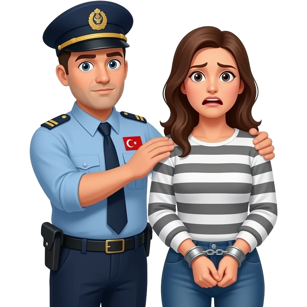 Kelepçeli korkan kadın ve arkasında ona dokunan bir  Türk asker emoji